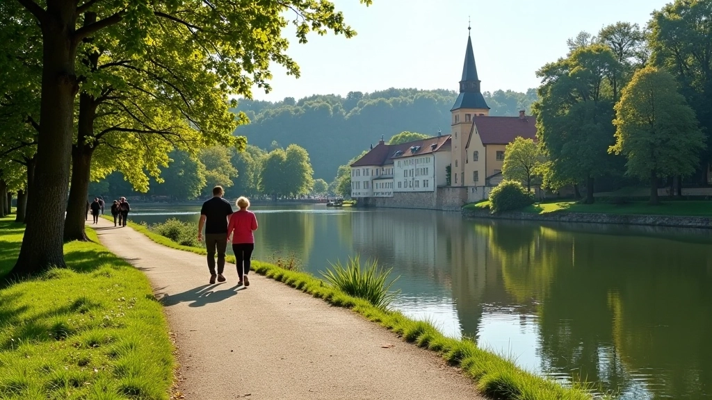 Beautiful riverside path along water near Český Krumlov with scenic views