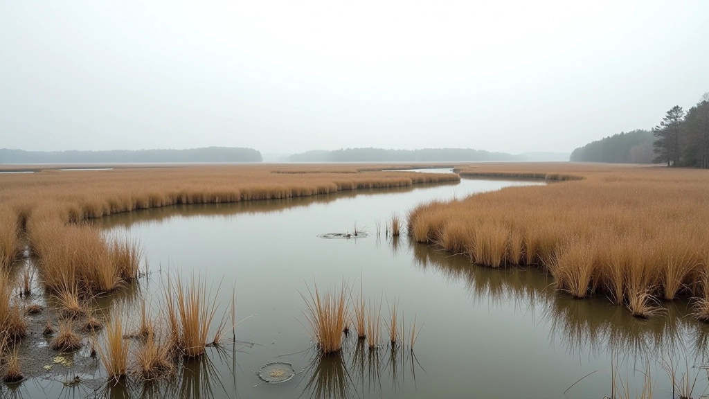 Wide view of Třeboň wetland ponds with reeds and calm water reflecting cloudy sky