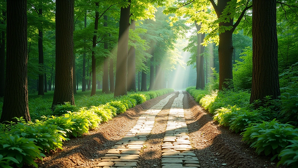 Rocky forest path winding through tall trees with moss-covered stones on the ground