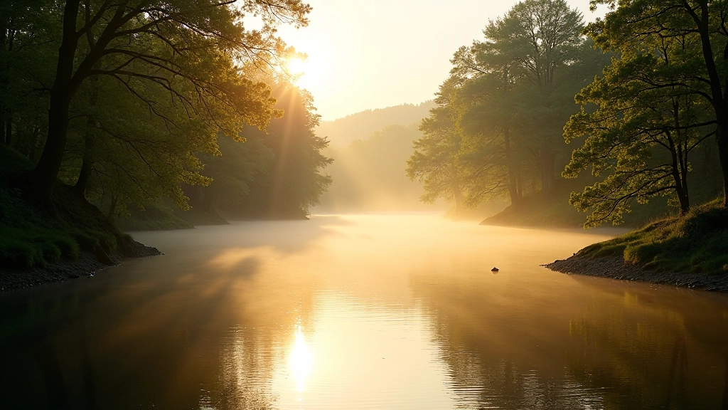 Morning light streaming through trees along river bank with mist rising from water surface