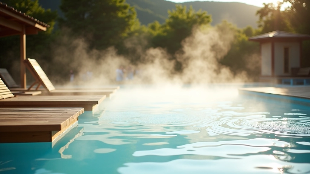 Outdoor thermal pool with steam rising, wooden deck chairs arranged peacefully, surrounding architecture