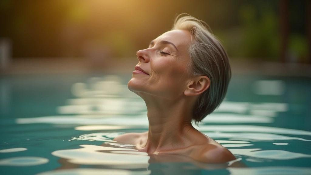 Person relaxing in thermal water with eyes closed, peaceful expression, spa setting