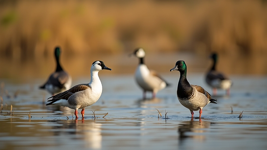 Waterfowl and birds in shallow water among wetland reeds and vegetation at Třeboň